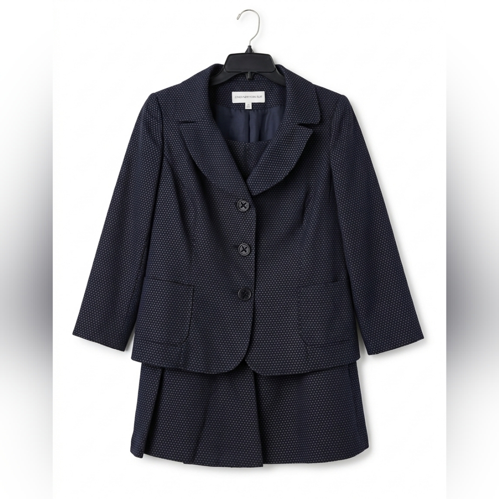 NWOT Jones New York Suit Navy Blue Dot Pattern Blazer & Skirt Set Size 12